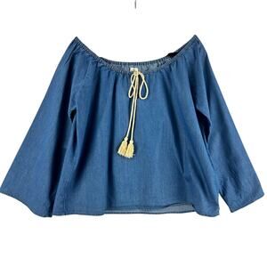 O'Neill Women's Chambray Off-Shoulder Peasant Top Tassel Tie Blue Size M